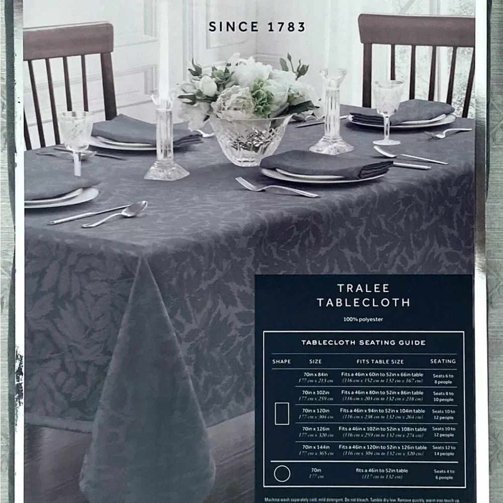 NEW WATERFORD TABLECLOTH 70 X 84 CRYSTAL CO. LUXURY SOFT BLUE GRAY LEAVES MOTIF